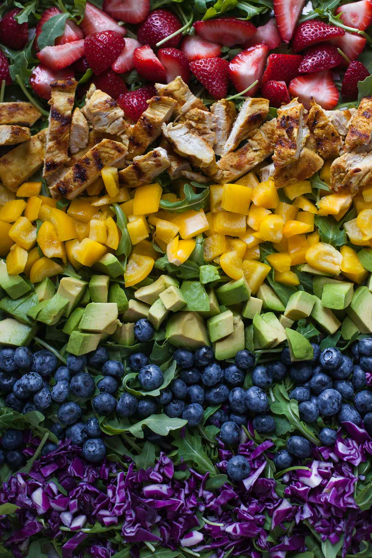 Rainbow Salad with Grilled Chicken and Raspberry Walnut Dressing #30MinuteMondays | acalculatedwhisk.com 