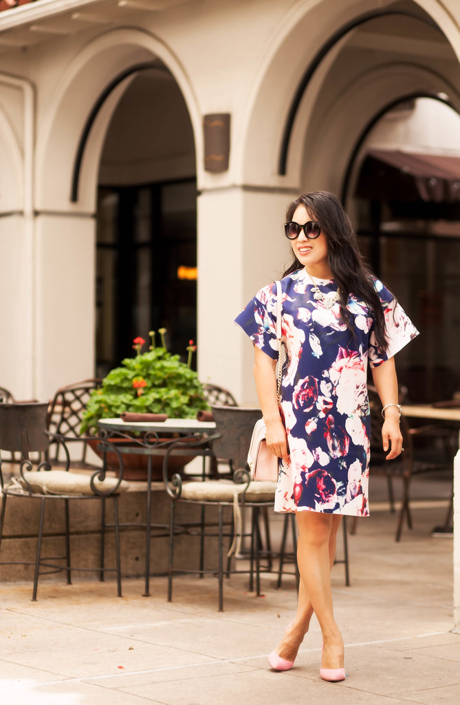 cute & little blog | petite fashion | sheinside navy pink peony floral shift dress, pink suede pumps, minkoff pink love crossbody | spring fashion