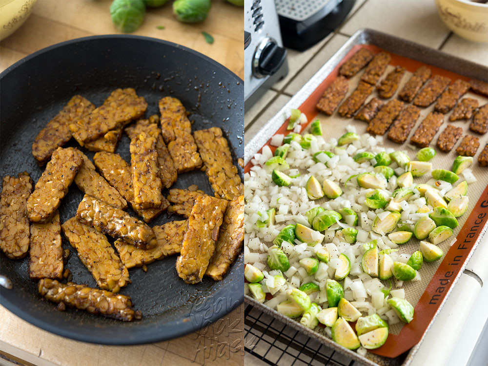 image collage of making tempeh bacon and roasting Brussels sprouts
