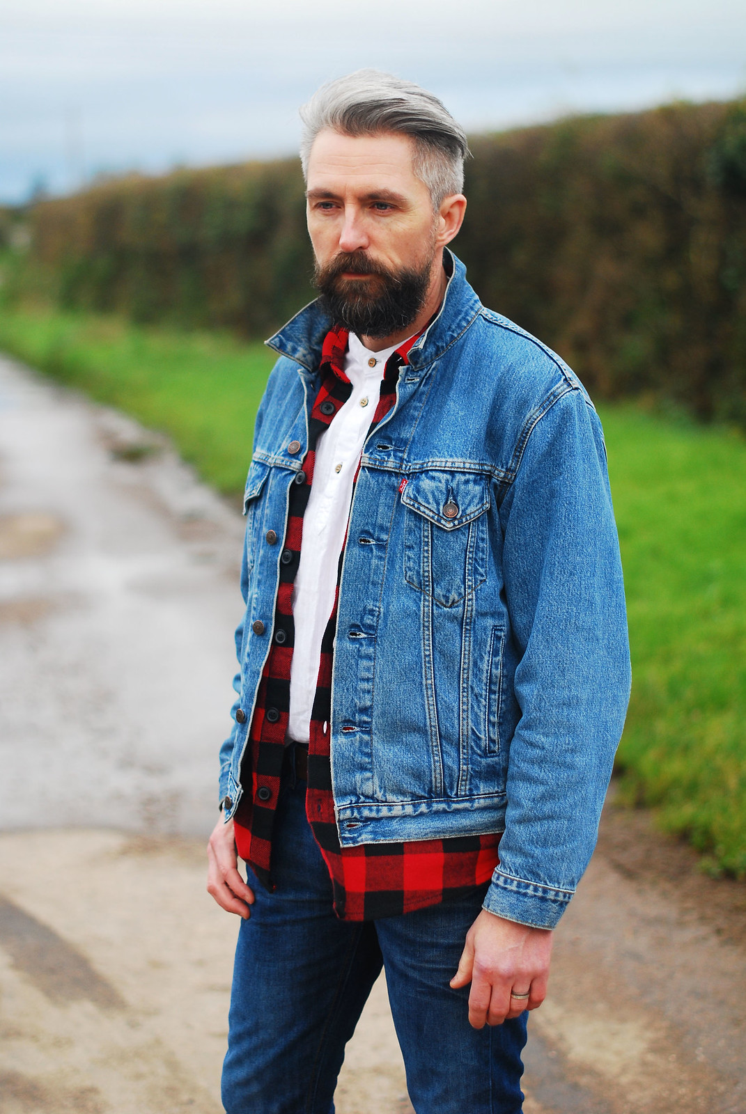 Casual weekend outfit \ denim jean jacket \ check (buffalo plaid) shirt \ skinny jeans \ brown lace up boots | Silver Londoner, over 40 menswear