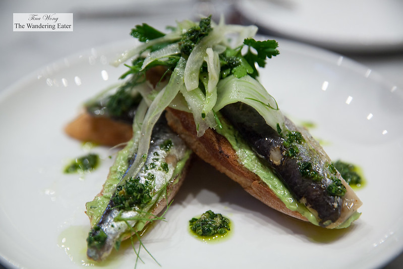 House cured sardines on toast, avocado green goddess, salsa verde, fennel