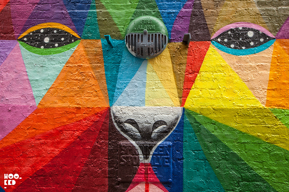 Multi-coloured London mural by Spanish artist Okuda San Miguel
