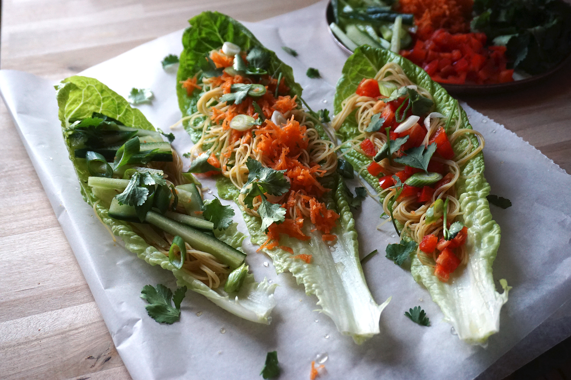 Gluten free Chinese crispy duck lettuce wraps with easy basic Singapore noodles