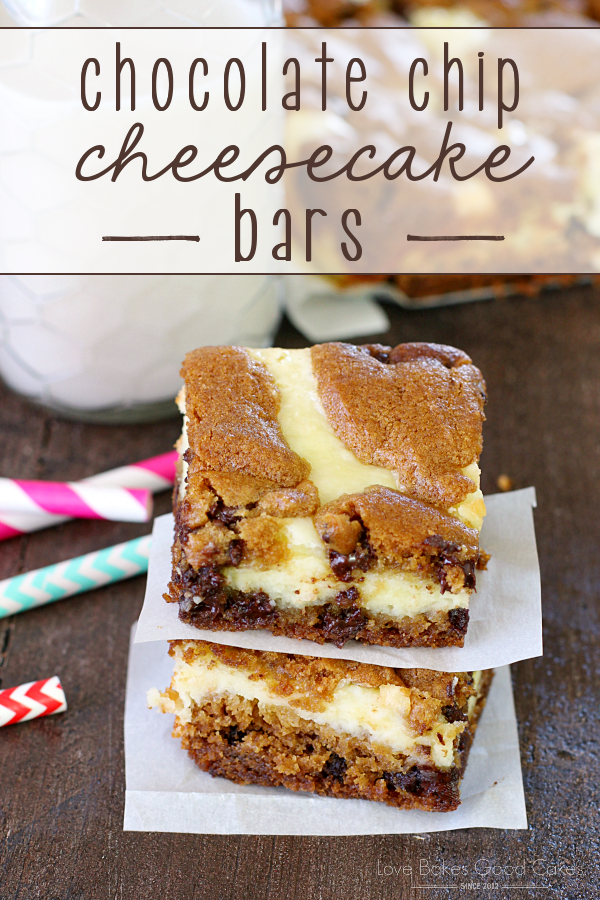 Chocolate Chip Cheesecake Bars stacked on parchment paper.