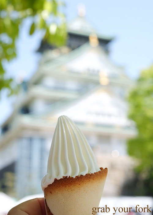 Hokkaido Cremia premium soft cream soft serve in front of Osaka Castle, Japan