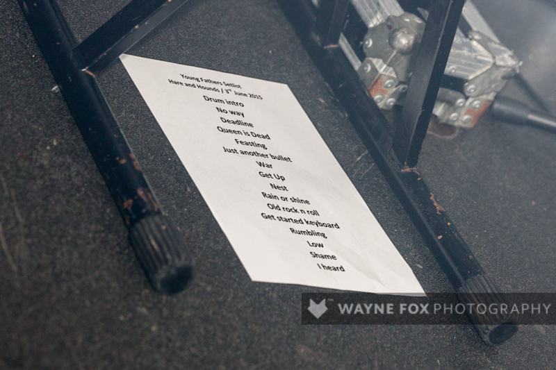 Young Fathers set-list before they play at The Hare and Hounds in Birmingham, 03 June 2015.
