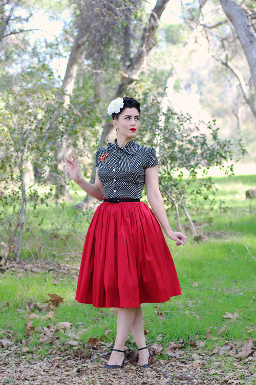 Heart of Haute Estelle Blouse in Subtle Valentine Print Pinup Girl Clothing Pinup Couture Jenny Skirt in Red Sateen Erstwilder Octavious the Octo Scribe Brooch