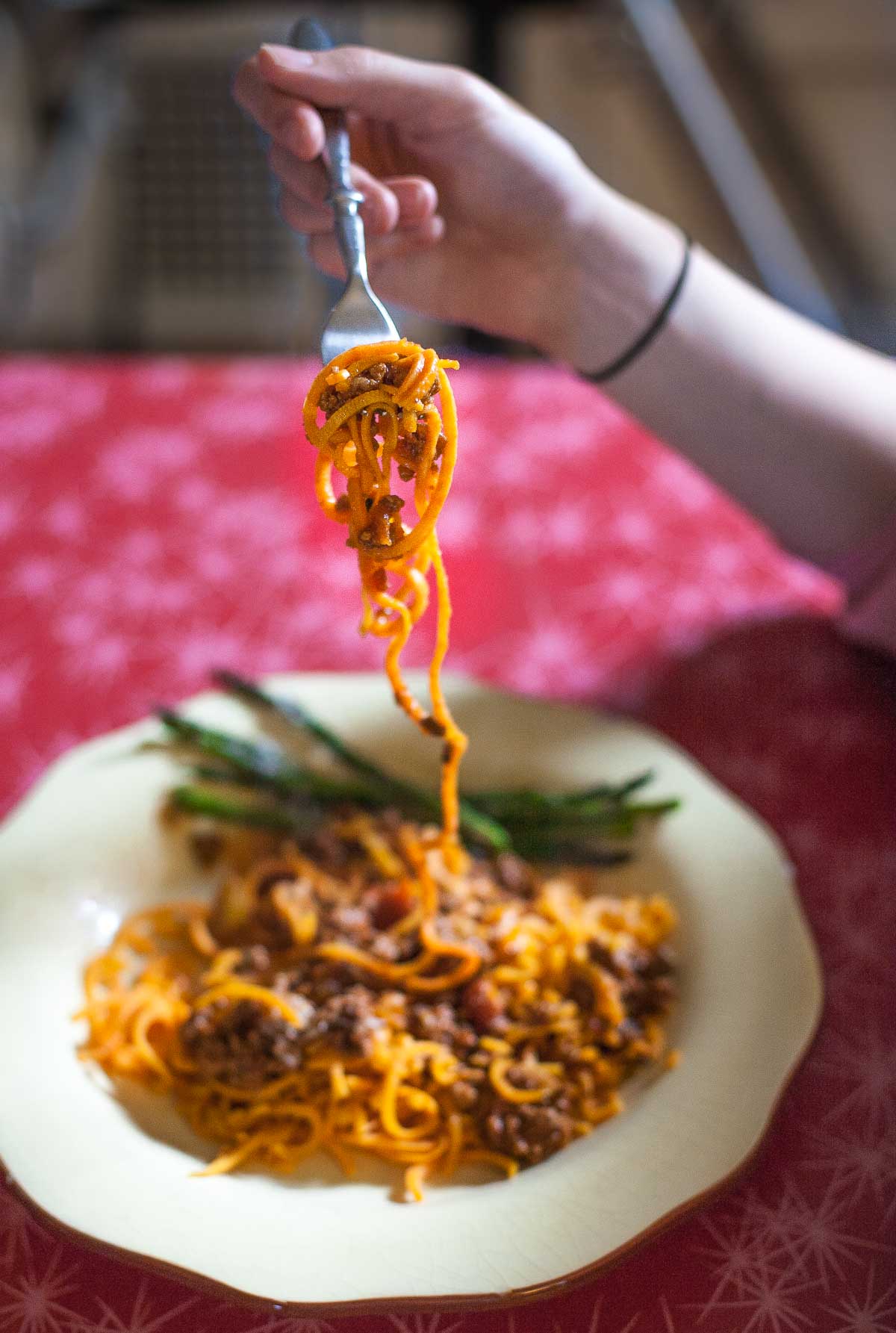 Slow-Cooked Bolognese Sauce with Sweet Potato Spaghetti | acalculatedwhisk.com @beckywink A hearty and comforting paleo meal!