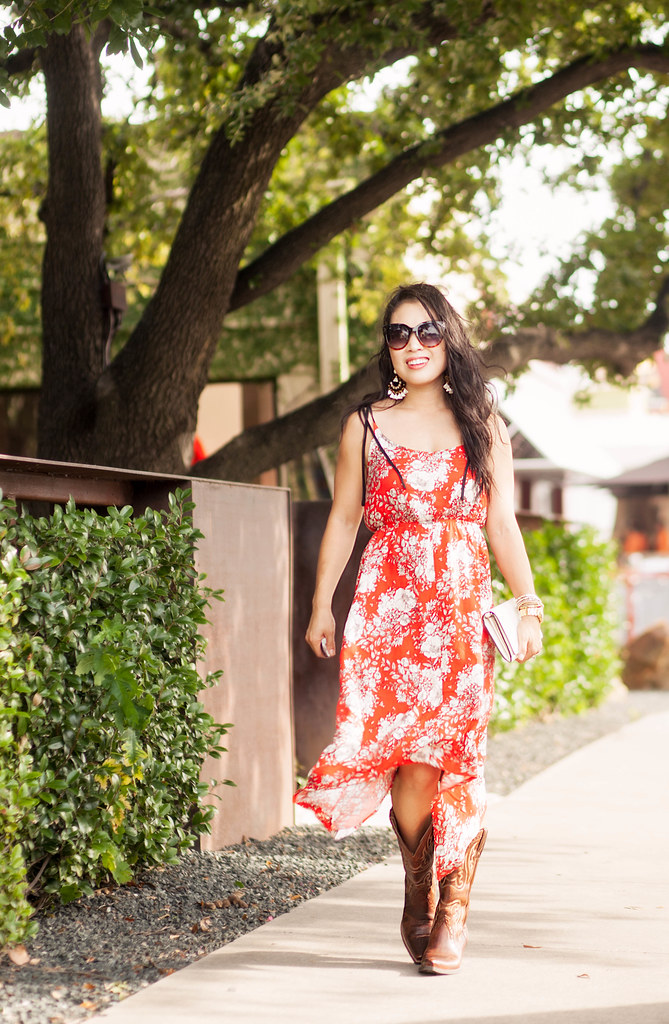 cute & little blog | petite fashion | red floral hankerchief dress, ariat cowboy boots, tory burch white cross body, statement chandelier earrings | summer outfit