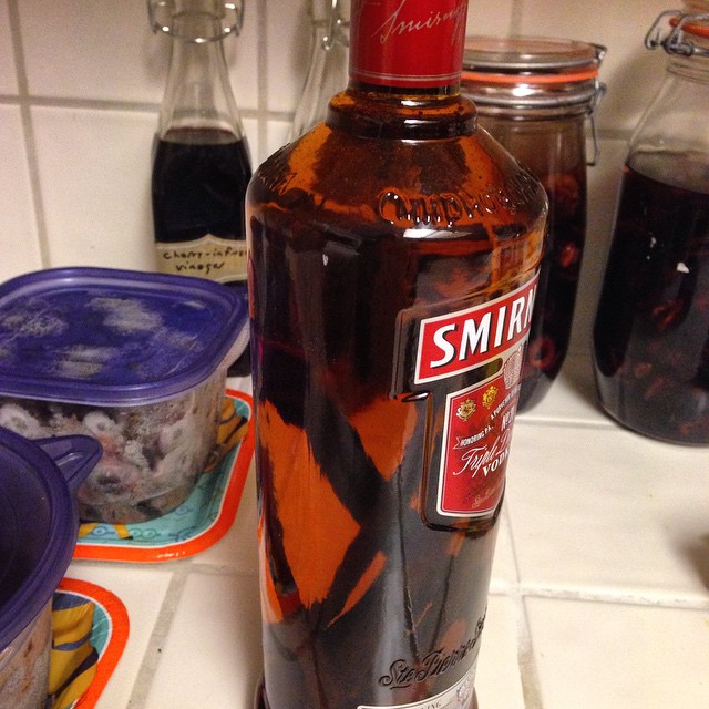 Vodka being infused with vanilla beans--3 weeks after starting. It is supposed to be usable now, but not at its peak.