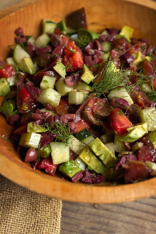 Tomato Cucumber Salad with Avocado and Olives
