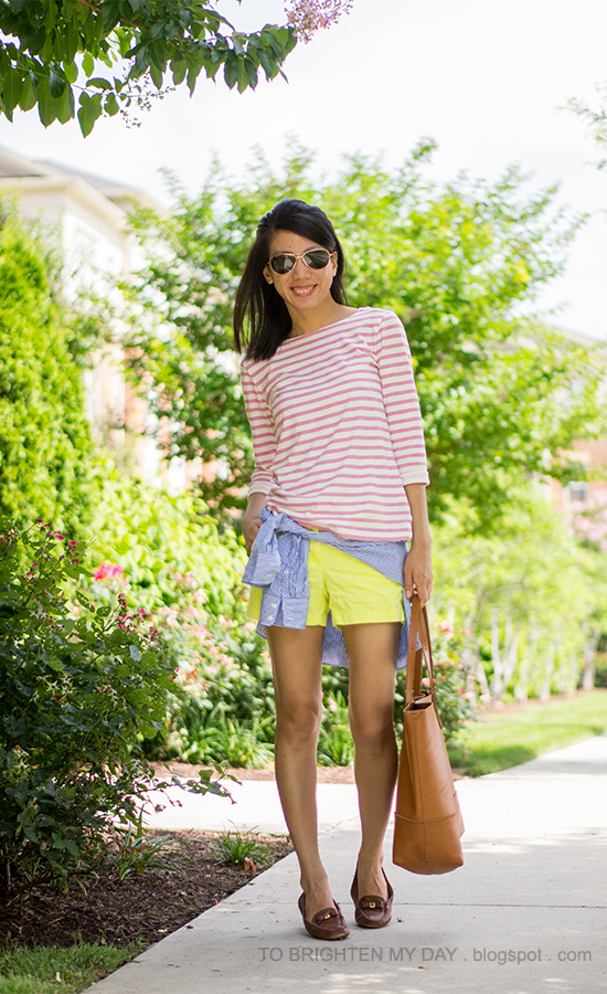 pink striped top, neon yellow shorts, blue striped shirt, brown loafers