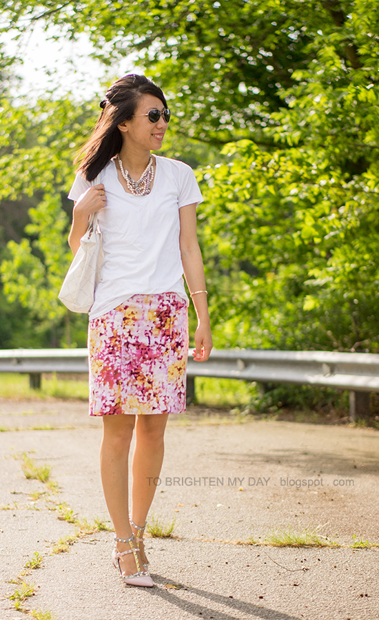 mixed metal necklace, white tee, floral skirt, watercolor cage flats