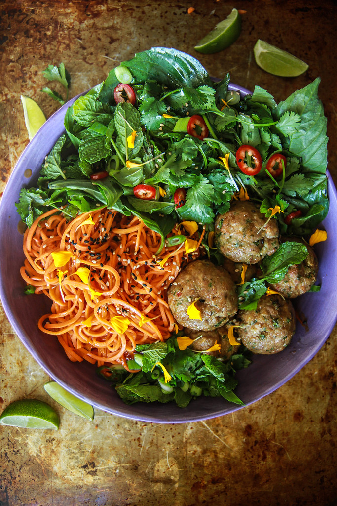 Paleo Asian Sweet Potato Noodles with Pork Ginger Meatballs from HeatherChristo.com