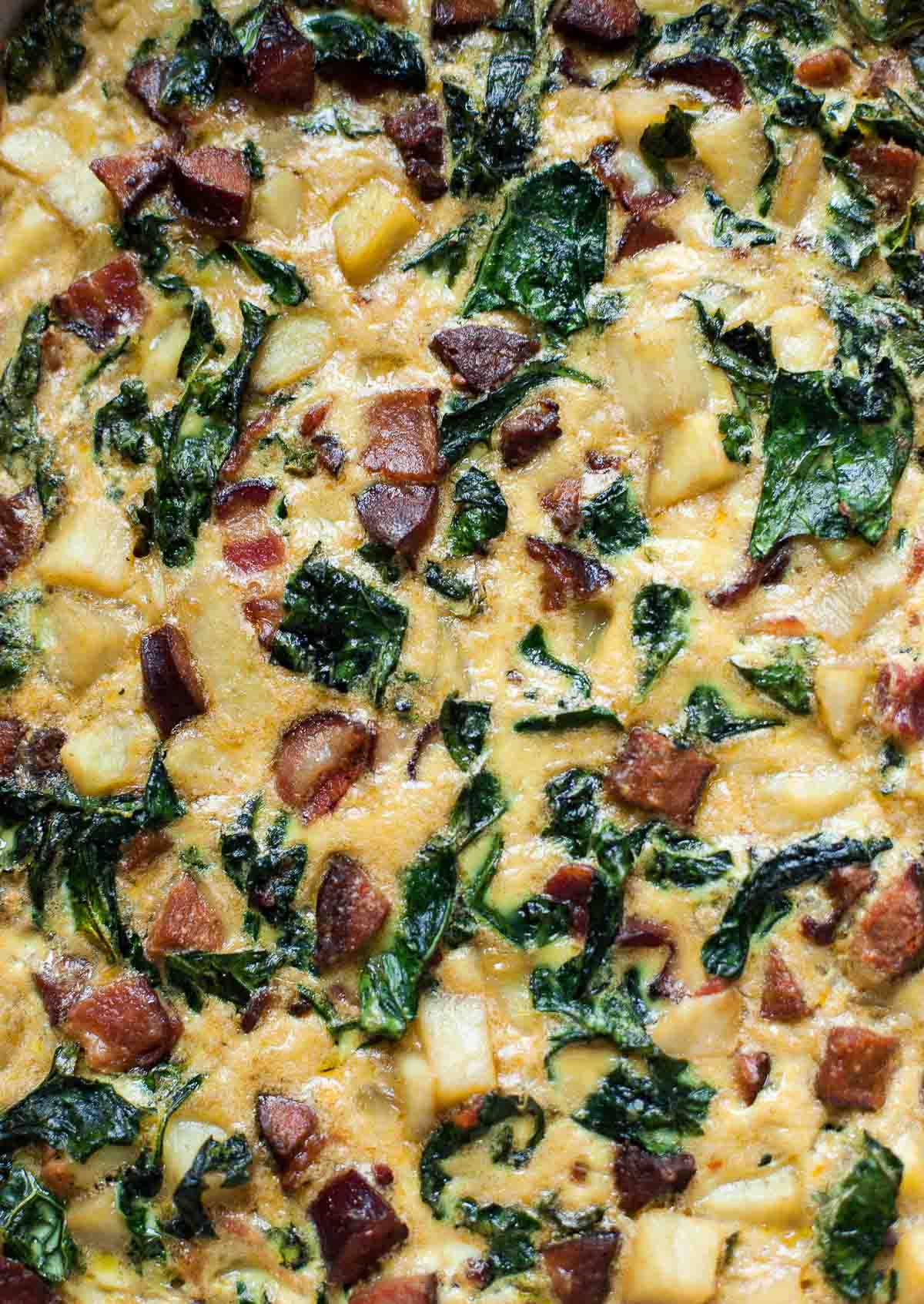 Breakfast Casserole with Bacon, Sausage, Sweet Potato, and Kale | acalculatedwhisk.com