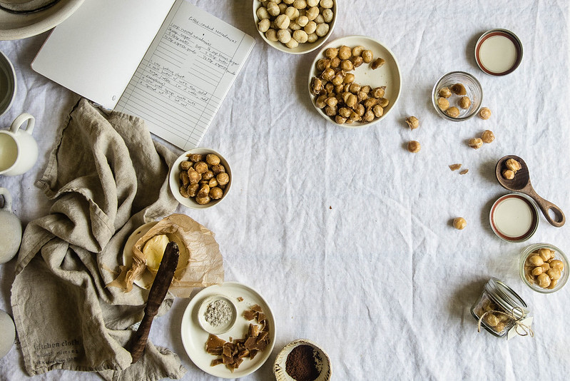 coffee-candied macadamia nuts | two red bowls