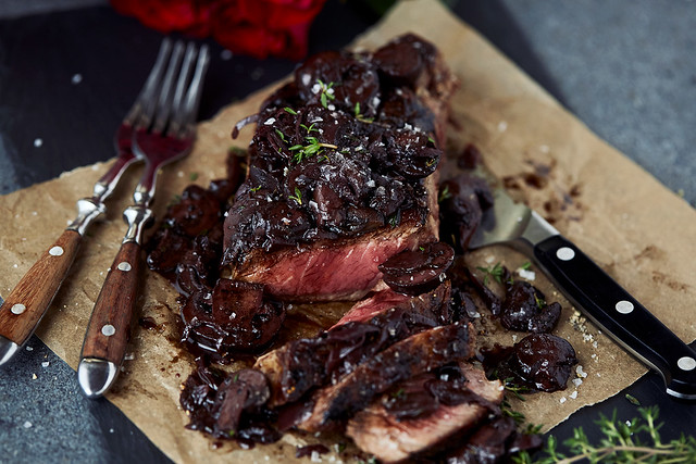 Cast Iron Ribeye Steak with Red Wine Mushroom Sauce