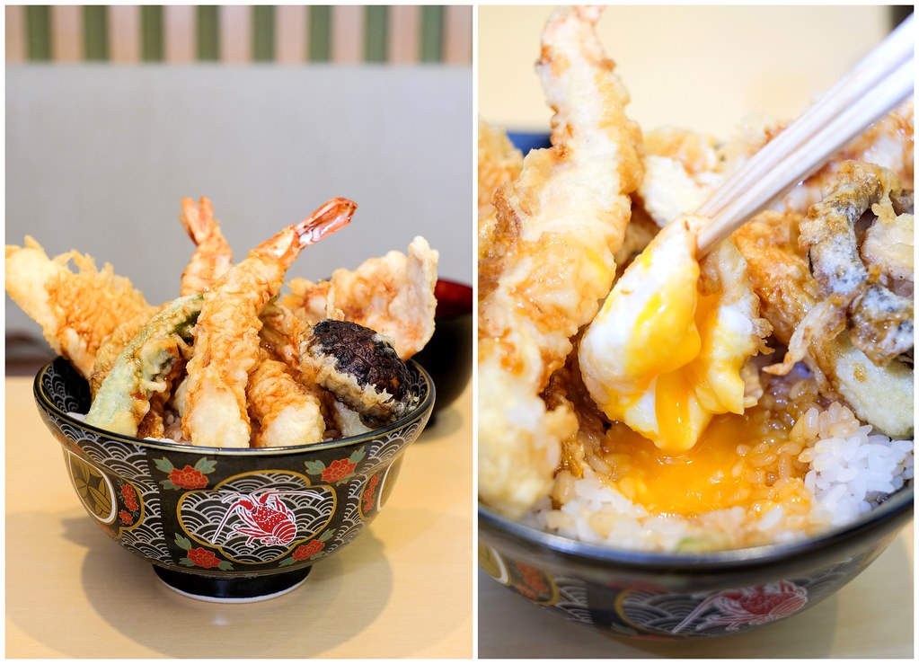 Ginza Tendon Itsuki: surprise onsen egg covered by the bowl of prawn and chicken tempura