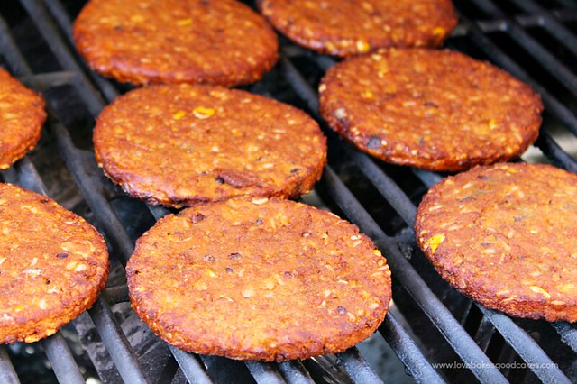 Black Bean Burgers cooking on the grill.