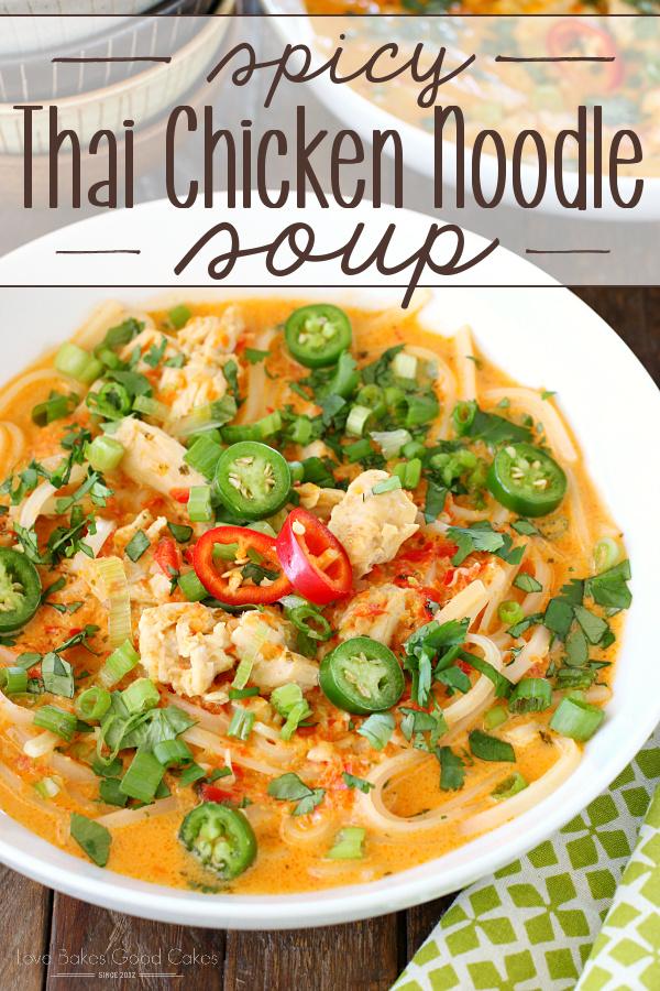 Spicy Thai Chicken Noodle Soup in a white bowl.