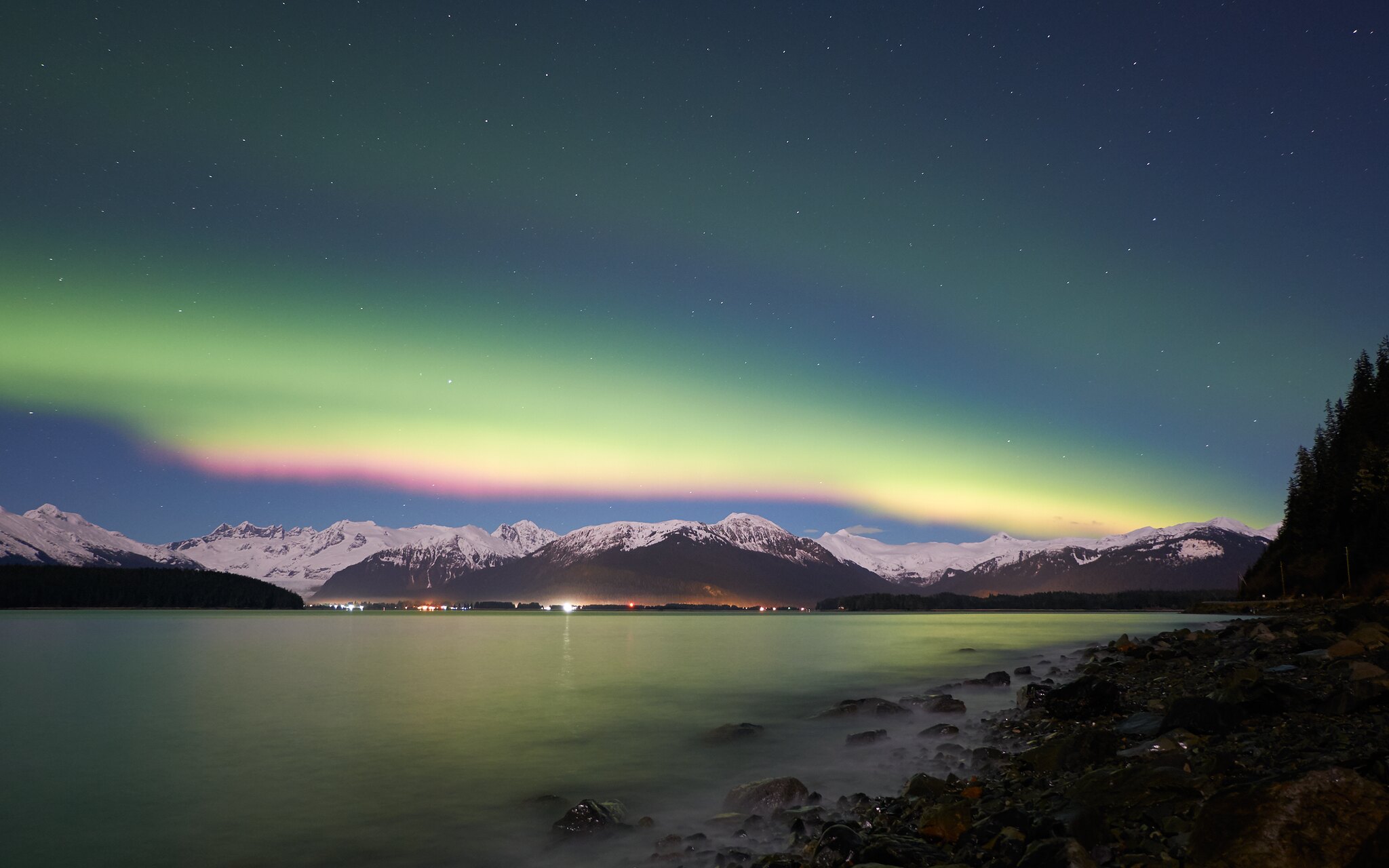 Aurora borealis over Juneau in wintertime