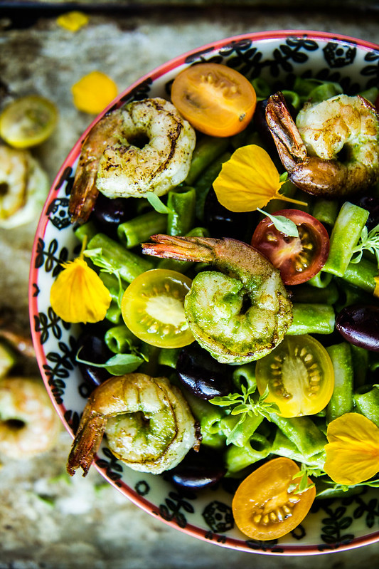 Spinach Pesto Pasta Salad with Shrimp