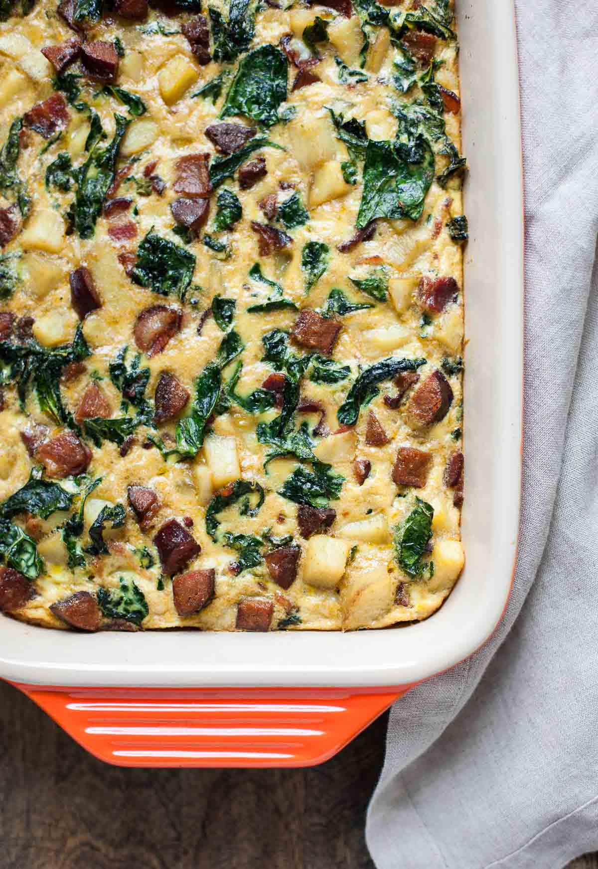Breakfast Casserole with Bacon, Sausage, Sweet Potato, and Kale | acalculatedwhisk.com