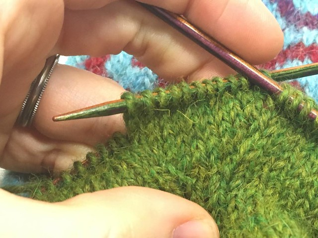 My students had a work period this morning, so I was able to do the thumb increases on my mitten lining!