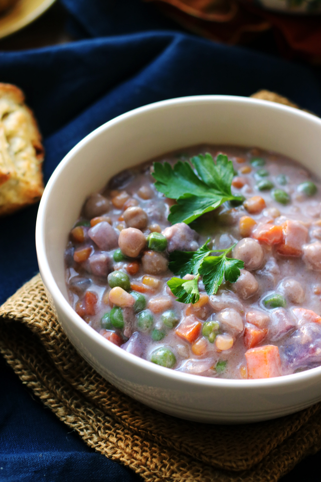 Purple Sweet Potato and Chickpea Pot Pie Soup with Rosemary Biscuits