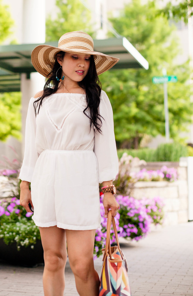 cute & little blog | petite fashion | white off-shoulder romper, striped floppy sun hat, nude wedges, tory burch kerrington tote | spring summer outfit