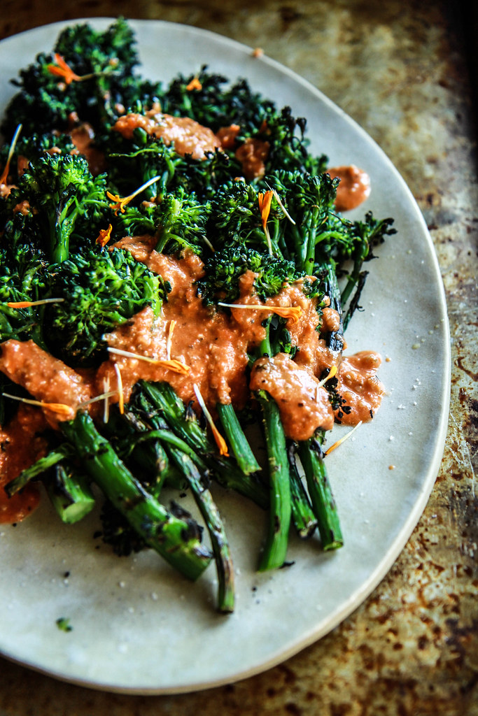 Grilled Broccolini with Romesco Sauce from HeatherChristo.com