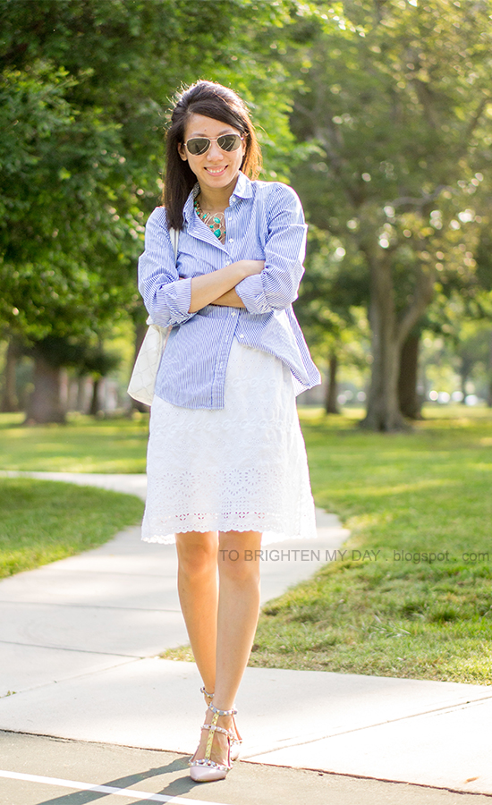 turquoise necklace, blue striped dress shirt, white eyelet dress, pastel colored caged flats