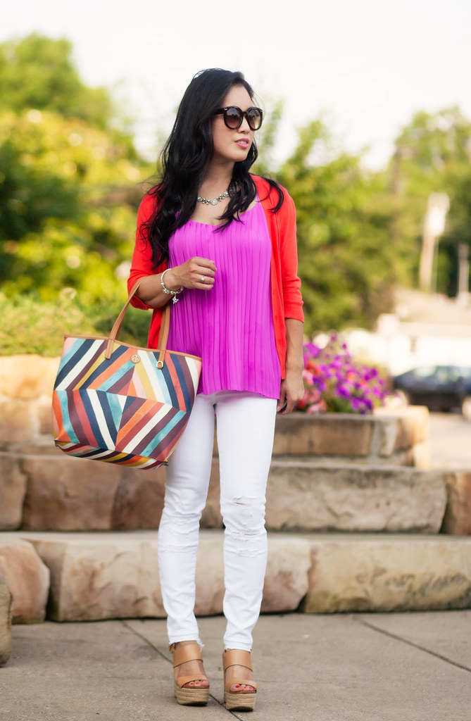 cute & little blog | coral cardigan, magenta pleated accordian cami, white distressed jeans, nude wedges, tory burch kerrington tote | spring summer outfit