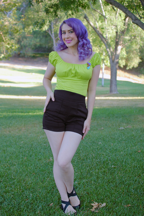 Pinup Girl Clothing Chartreuse Peasant top Laura Byrnes High Waist shorts