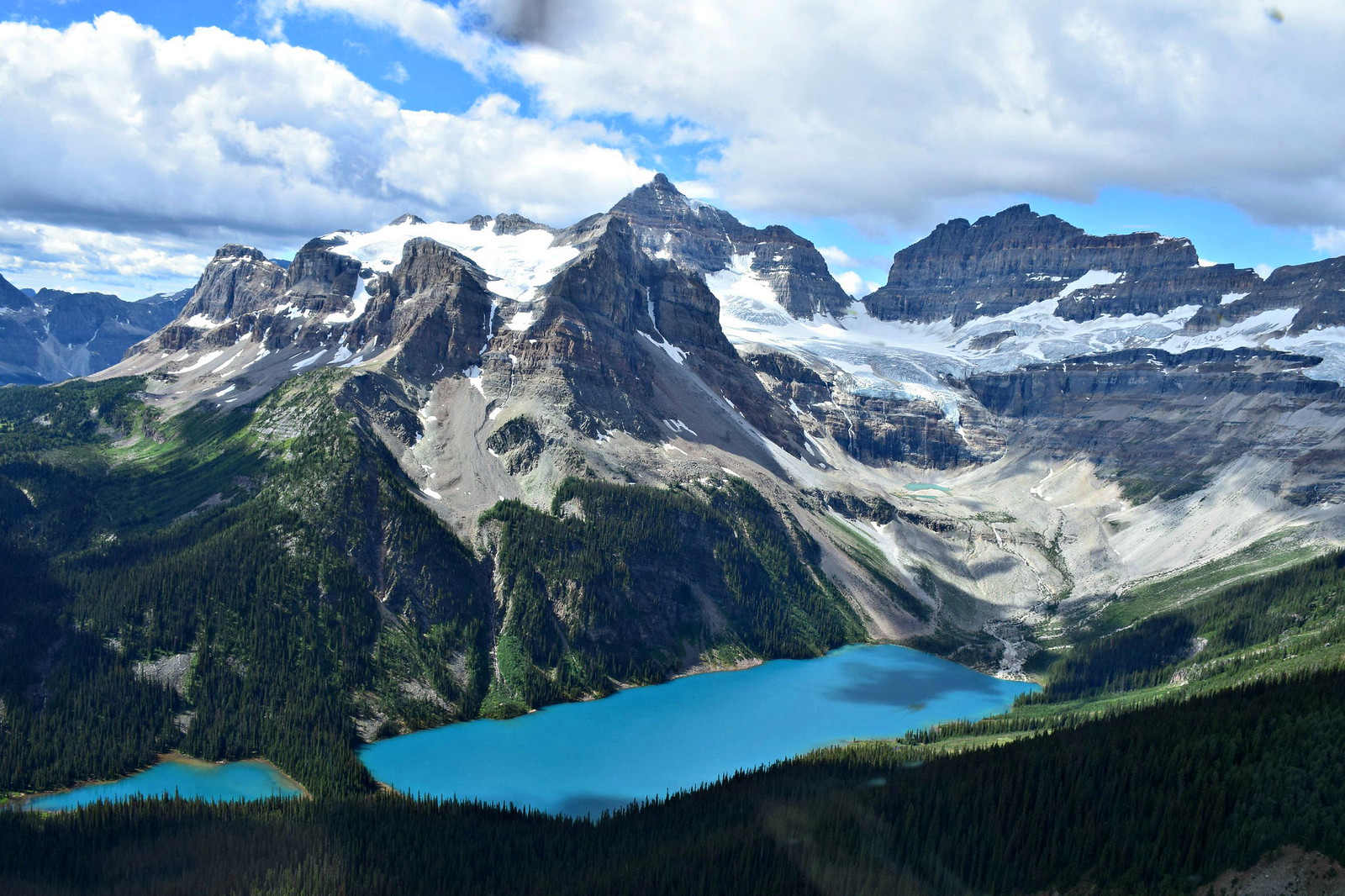 An aquamarine lake and glaciers. Rocky Mountains in Canada