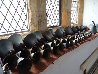 Handbells dating to 1870 lying on sides on ringing room window sill