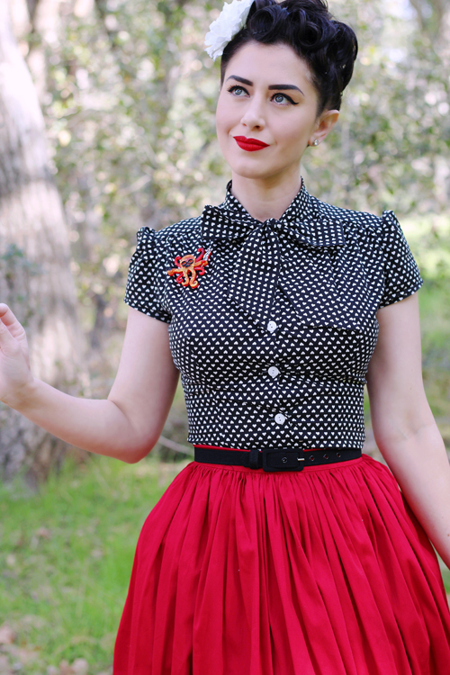 Heart of Haute Estelle Blouse in Subtle Valentine Print Pinup Girl Clothing Pinup Couture Jenny Skirt in Red Sateen Erstwilder Octavious the Octo Scribe Brooch