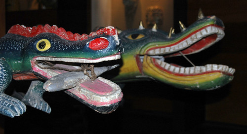 Wooden crocodiles in an art gallery in Zacatecas, Mexico