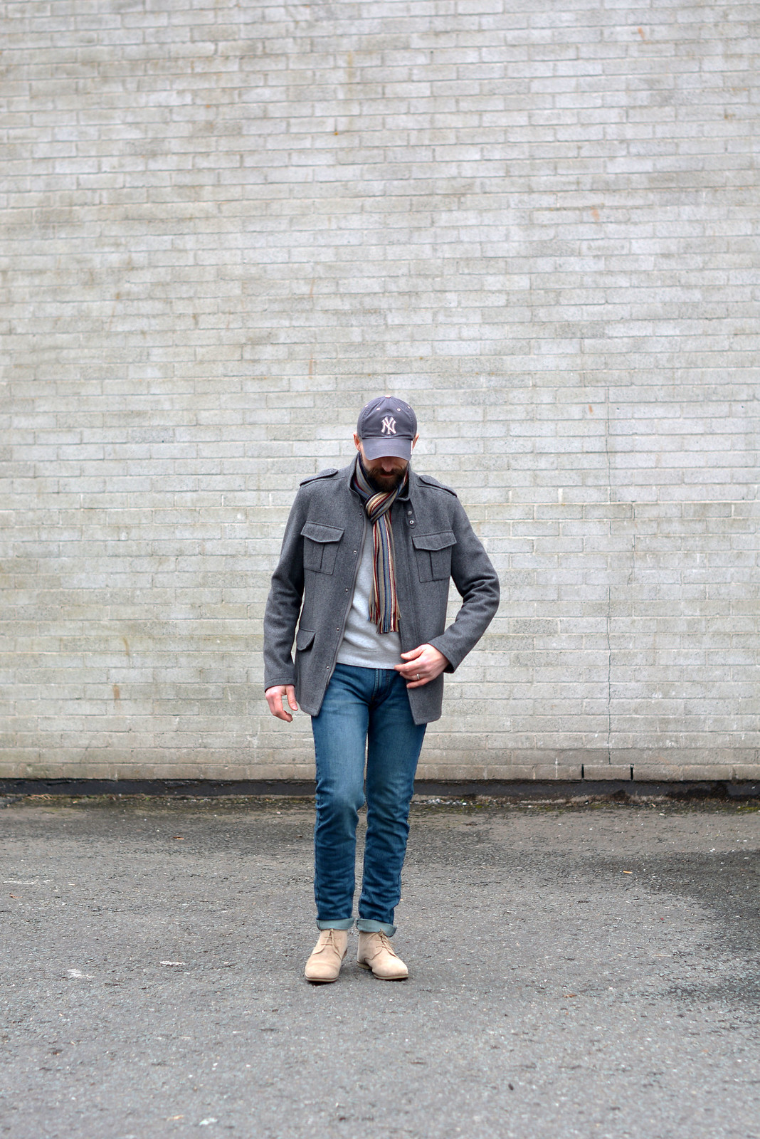 How to wear not-too-skinny skinny jeans: Grey wool jacket \ baseball cap \ striped scarf \ desert boots | Silver Londoner, over 40 menswear