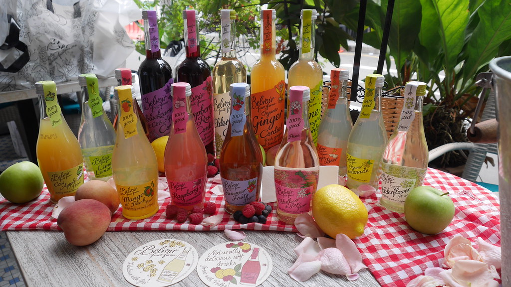 Belvoir Farms cordials (the large bottles) and presses (the small cute ones).