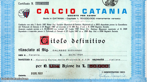 Un certificato azionario originale del 1967. Fonte: Marcello Mangani.