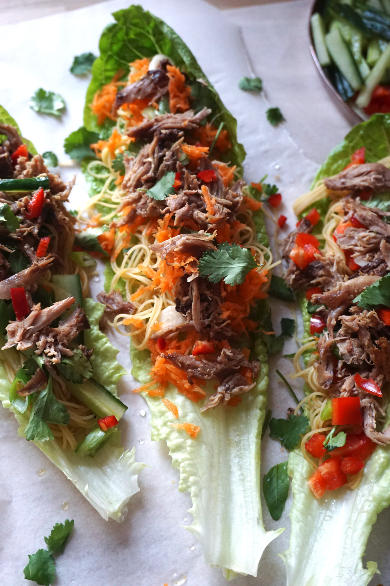 Gluten free Chinese crispy duck lettuce wraps made with easy basic Singapore noodles