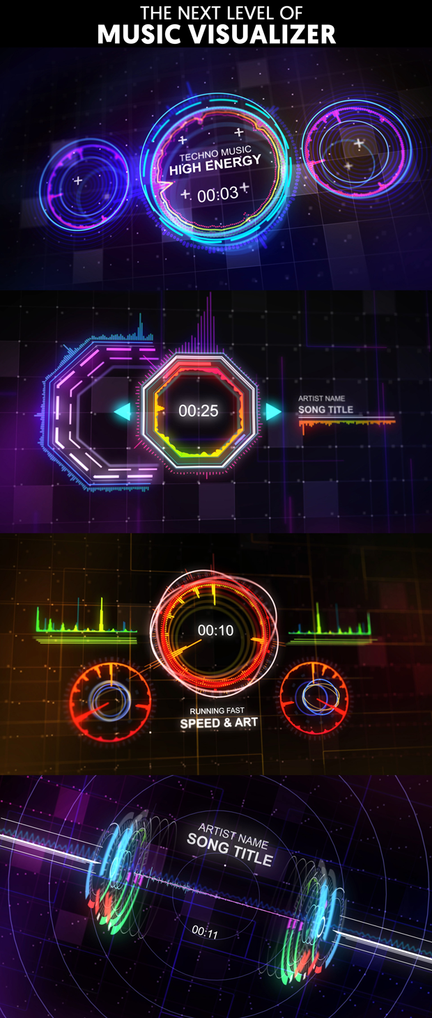 AE模板：4种绚丽动感高科技UI音乐动画效果