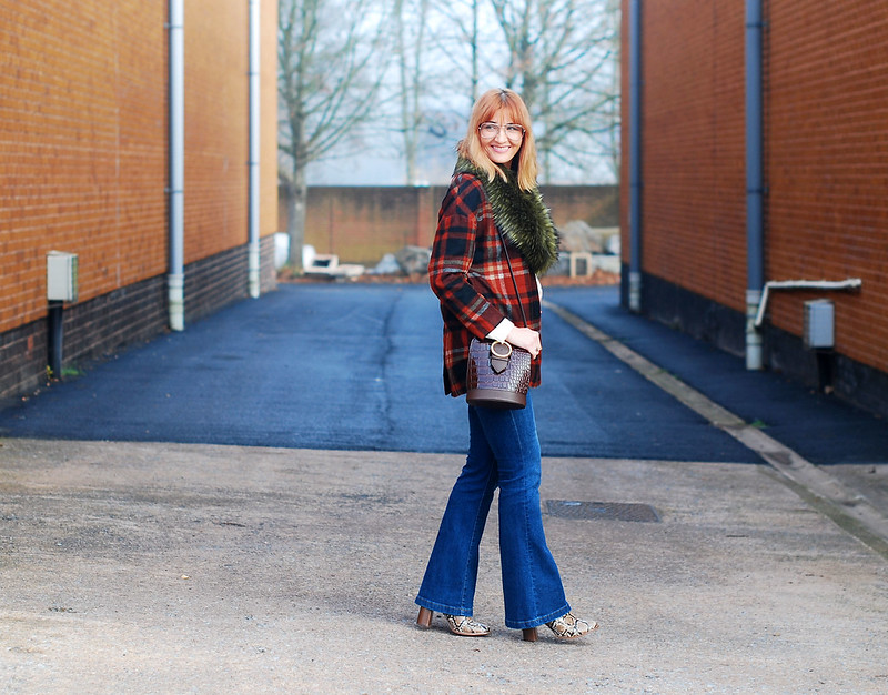 Autumnal casual outfit of faux fur collar red tartan jacket denim flares snakeskin boots | Not Dressed As Lamb, over 40 style