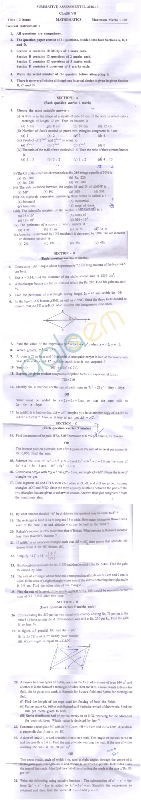 CBSE Class 7 SA 2 Question Paper for Mathematics