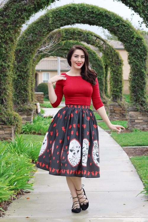 Vintage Inspired by Jackie Atomic Jax Kewpie's Disney Day Out Border Print Full Skirt Pinup Girl Clothing Pinup Couture Sabrina Top in Red