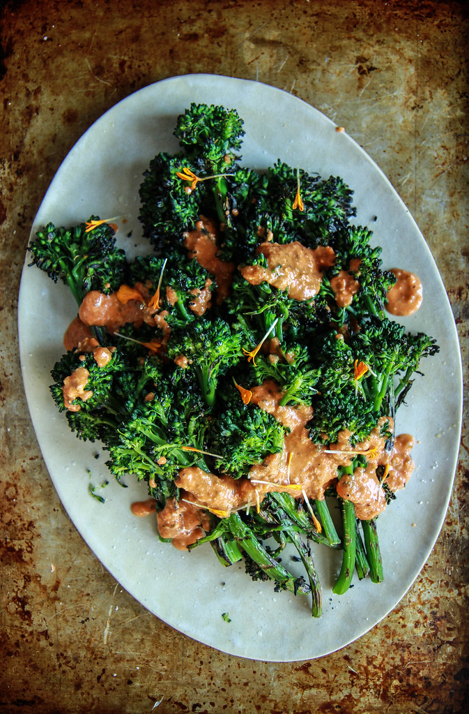 Grilled Broccolini with Romesco Sauce from HeatherChristo.com
