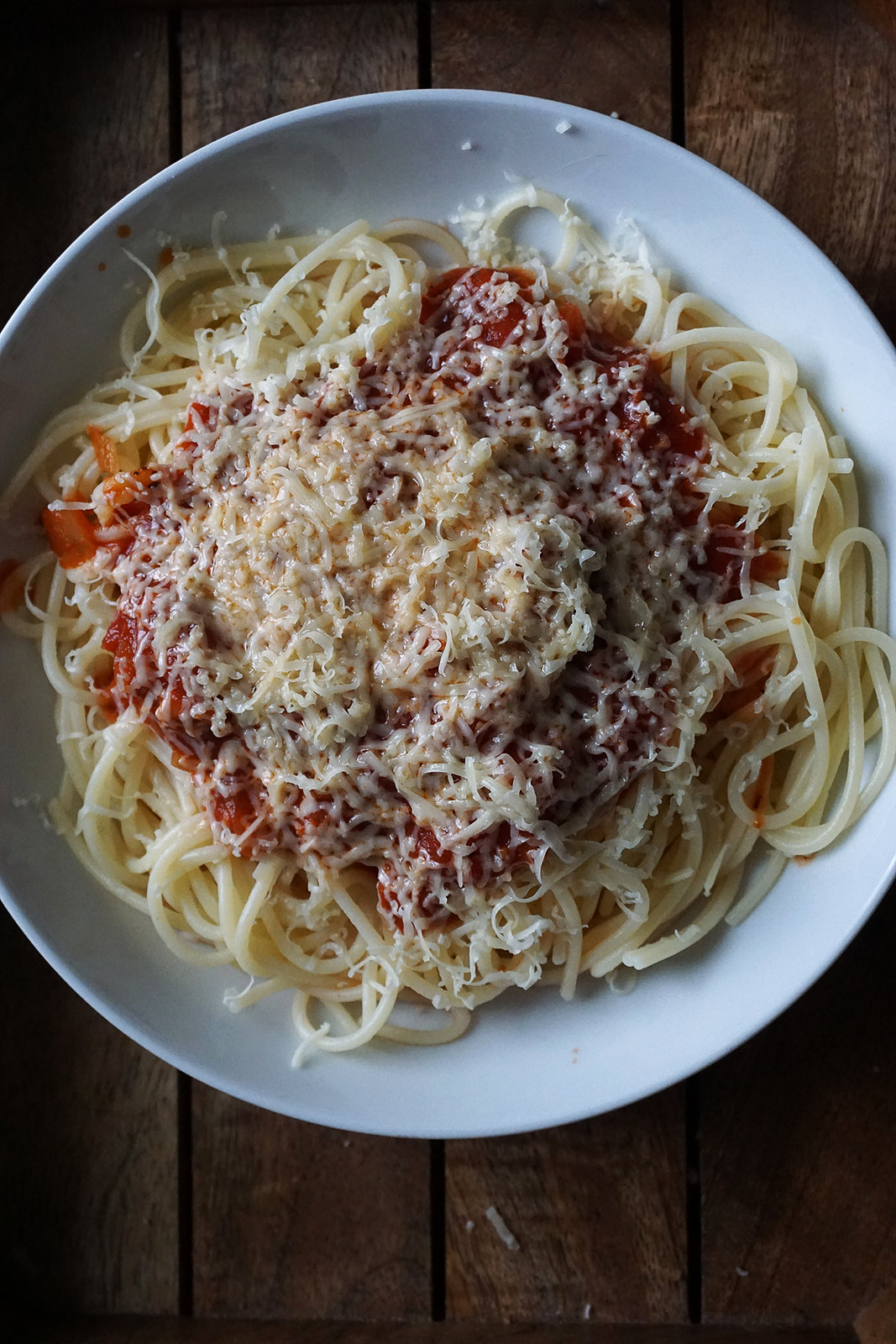 Gluten free spaghetti with a basic tomato sauce and cheese