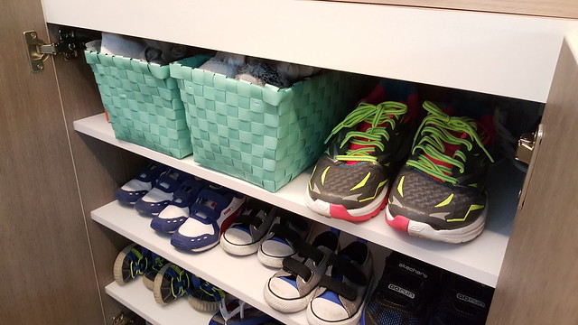 Daiso woven basket holding our socks is perfect for the shoe cabinet! 