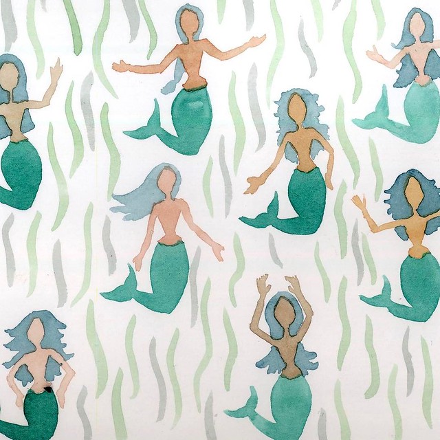 #patternjanuary #mermaids this is pretty much what I planned, but I think tomorrow I may go back in and add details, even if only just scales to the tails. Also, I wanted to do seaweed, but as I was discharging my paintbrush between colors I realized I wi